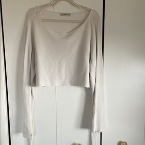 Zara white long sleeve tie off the shoulder crop sweater